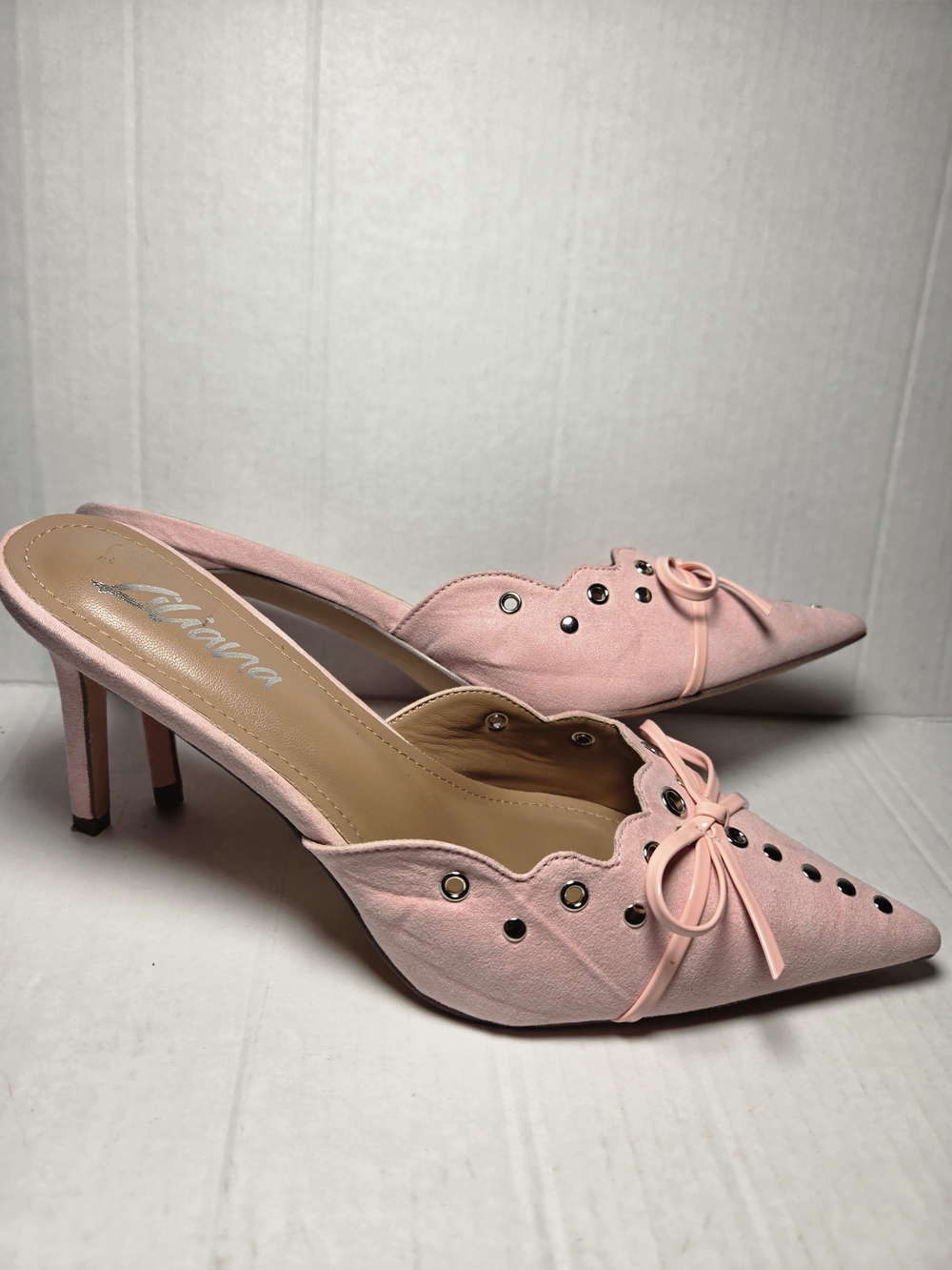 Liliana Women's Pink Suede Pointed Toe Mule Heels with Bows